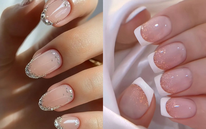 Shimmery French tip bridal nail designs for wedding day