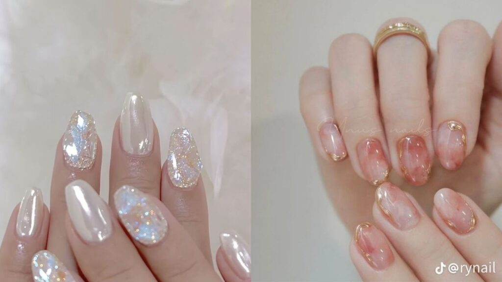 Quartz effect bridal nail designs for wedding day