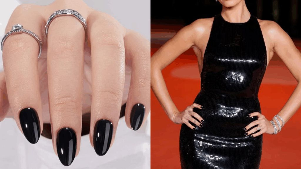 Glossy black nails for a party