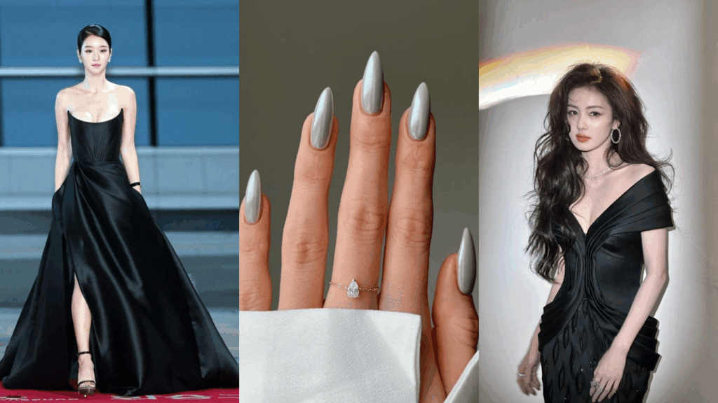 Outfit ideas with metallic silver nail polish