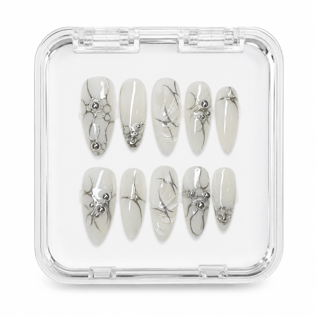 Press-on Nails Wholesale $3.90 Silver Blossom by Yabe Vietnam