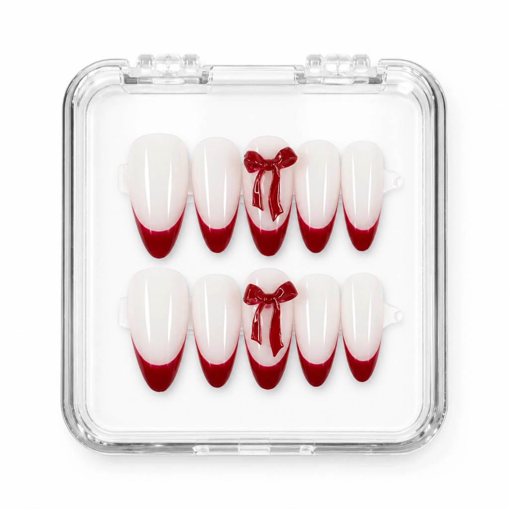 Press-on Nails Wholesale $6.90 Crimson Bow French by Yabe Vietnam