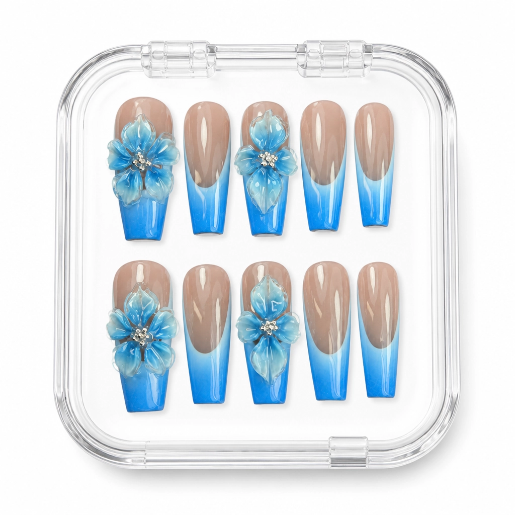 Press-on Nails Wholesale $11.90 Floral Blue Elegance by Yabe Vietnam