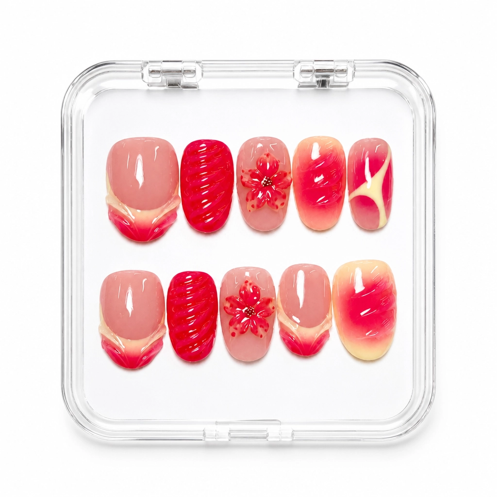 Press-on Nails Wholesale $11.90 Satin Crimson Bloom by Yabe Vietnam