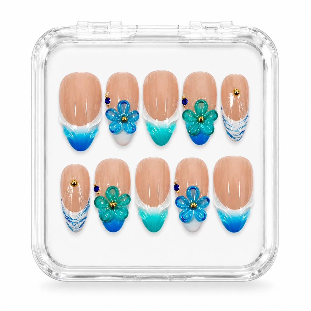 Press-on Nails Wholesale $11.90 Aqua Bloom by Yabe Vietnam
