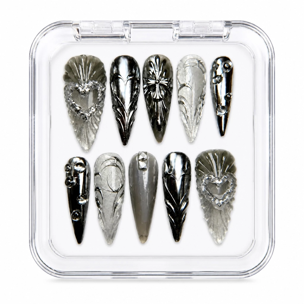 Press-on Nails Wholesale $11.90 Silver Feather Elegance by Yabe Vietnam