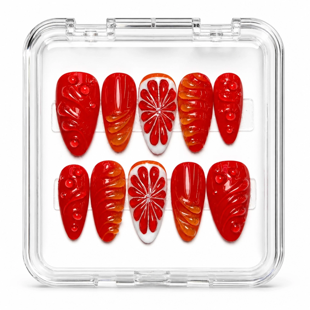 Press-on Nails Wholesale $11.90 Crimson Citrus by Yabe Vietnam