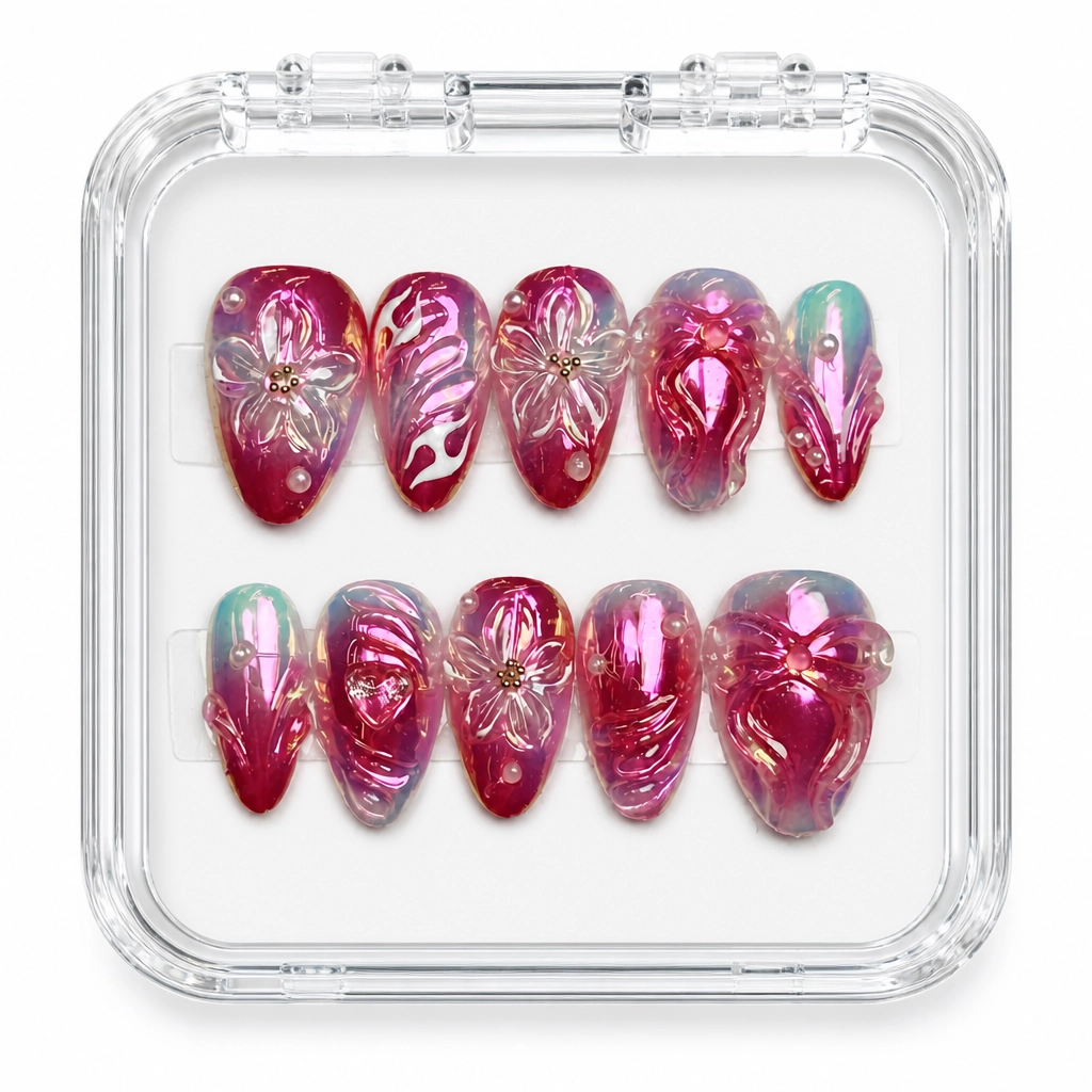 Press-on Nails Wholesale $11.90 Pink Chrome Blooms by Yabe Vietnam
