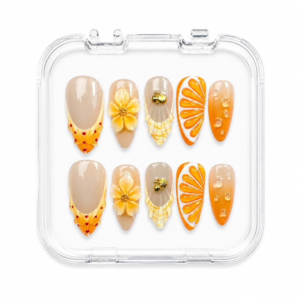 Press-on Nails Wholesale $11.90 Citrus Seashell Bliss by Yabe Vietnam