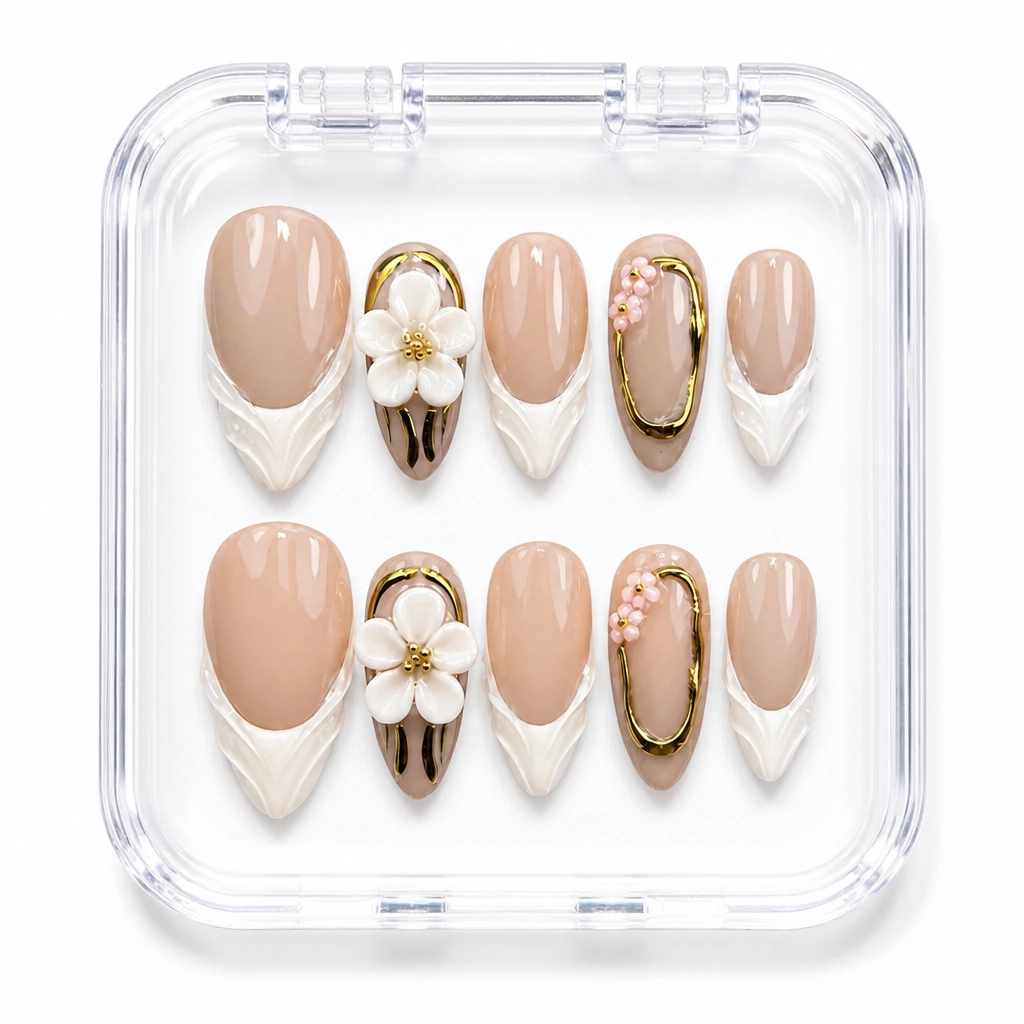 Press-on Nails Wholesale $11.90 Floral Gold Elegance by Yabe Vietnam