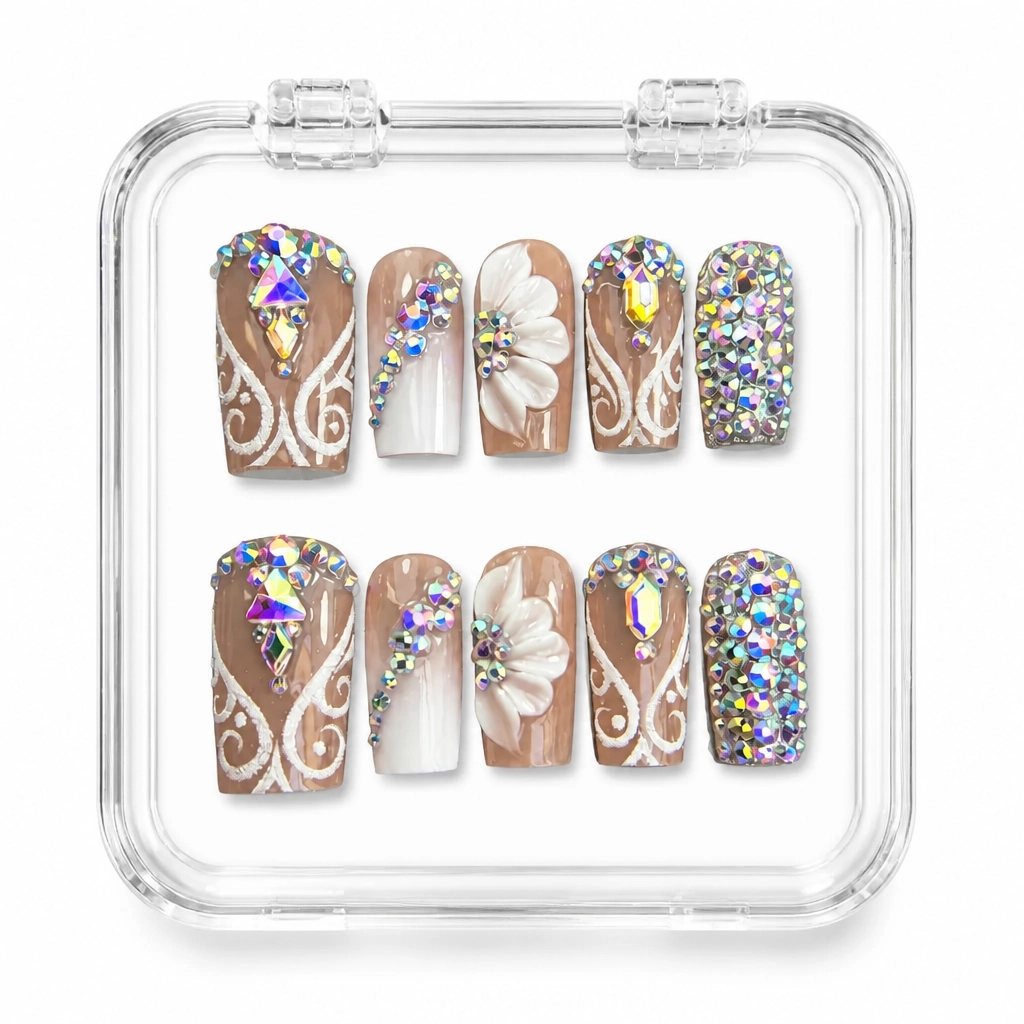 Press-on Nails Wholesale $11.90 Crystal Flower Elegance by Yabe Vietnam