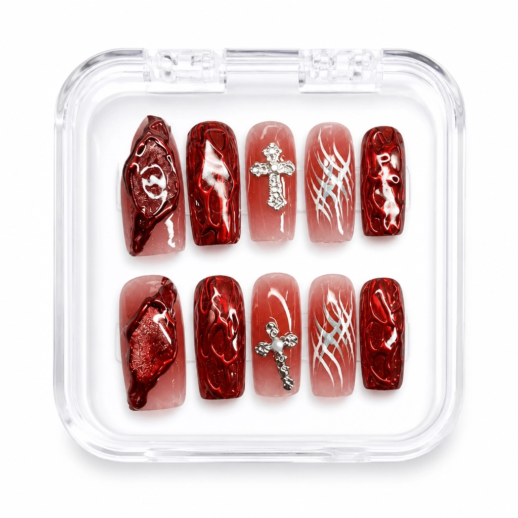 Press-on Nails Wholesale $11.90 Crimson Cyber Cross by Yabe Vietnam