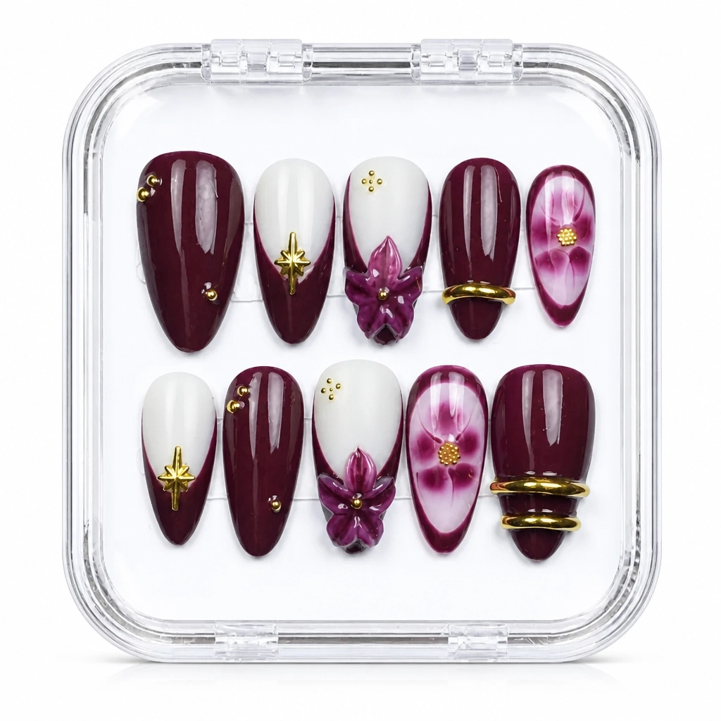 Press-on Nails Wholesale $11.90 Burgundy Bloom by Yabe Vietnam