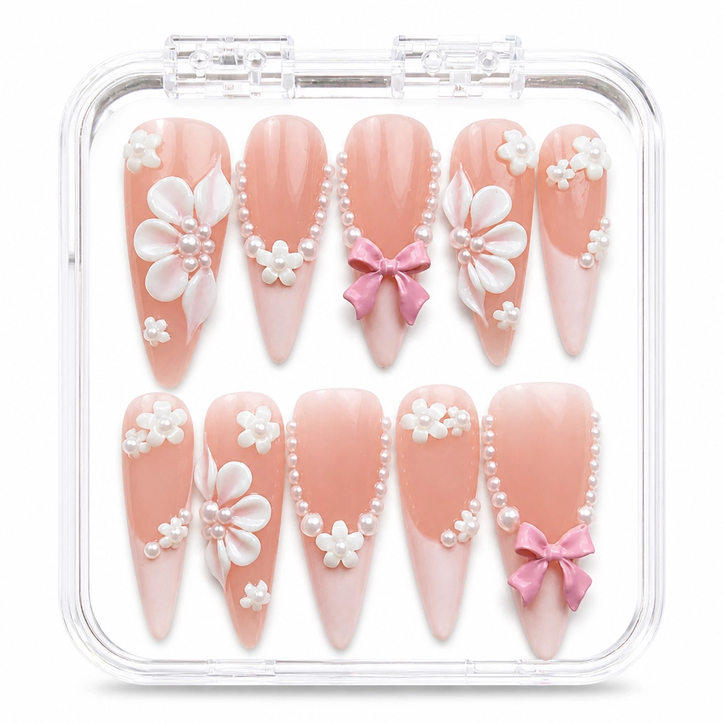 Press-on Nails Wholesale $11.90 Pearl Blossom Bow by Yabe Vietnam