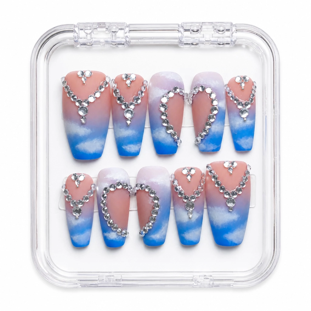 Press-on Nails Wholesale $11.90 Azure Heart Glamour by Yabe Vietnam