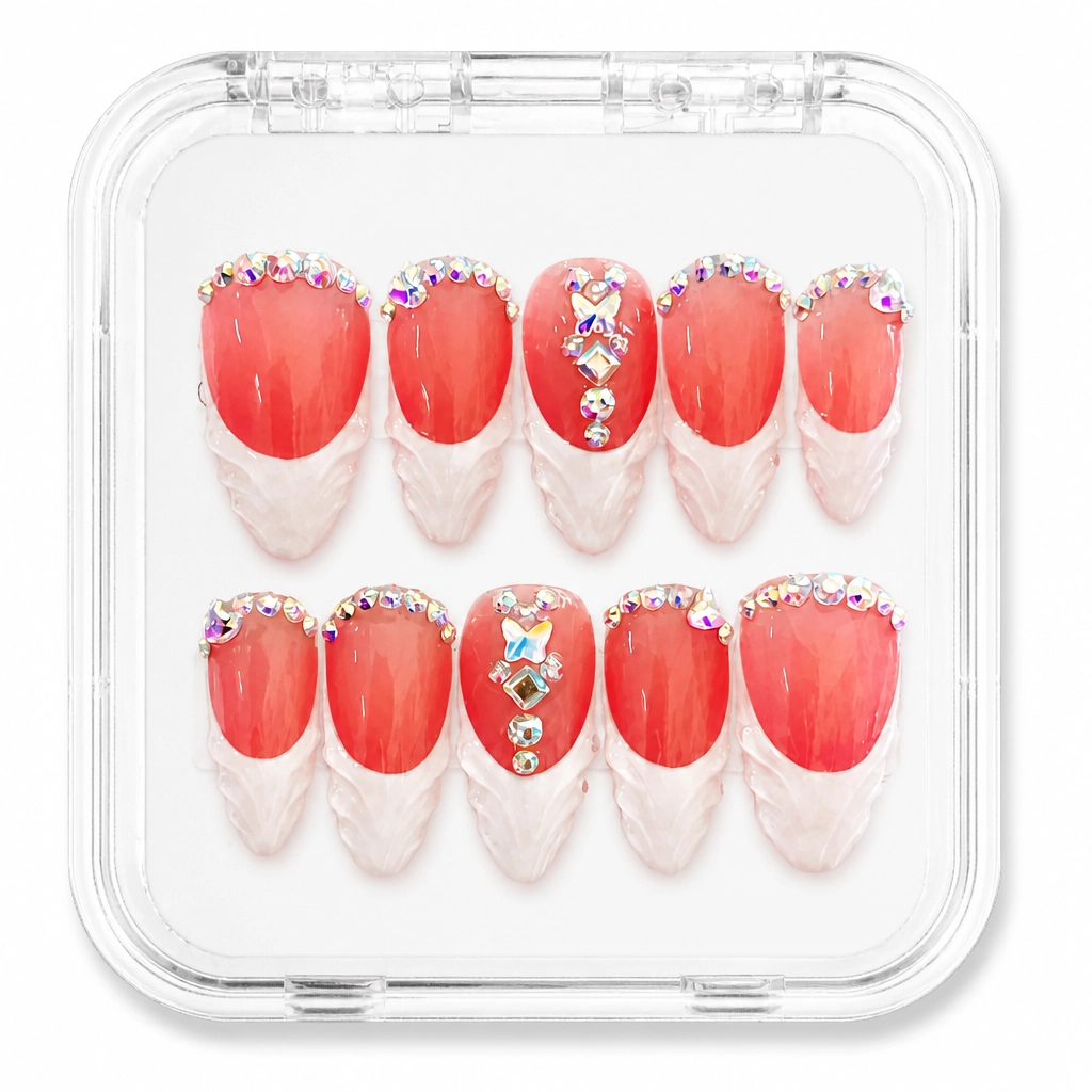 Press-on Nails Wholesale $11.90 Coral Crystal Elegance by Yabe Vietnam