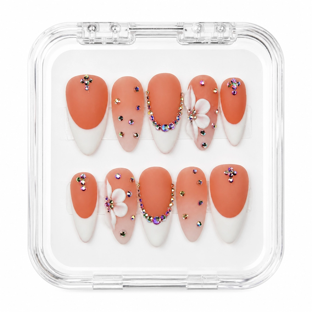 Press-on Nails Wholesale $11.90 Peachy Floral Elegance by Yabe Vietnam