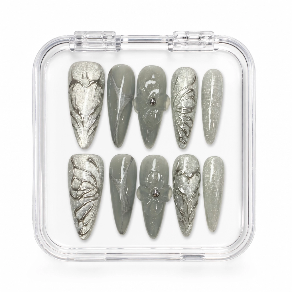 Press-on Nails Wholesale $11.90 Silver Meadow Whisper by Yabe Vietnam