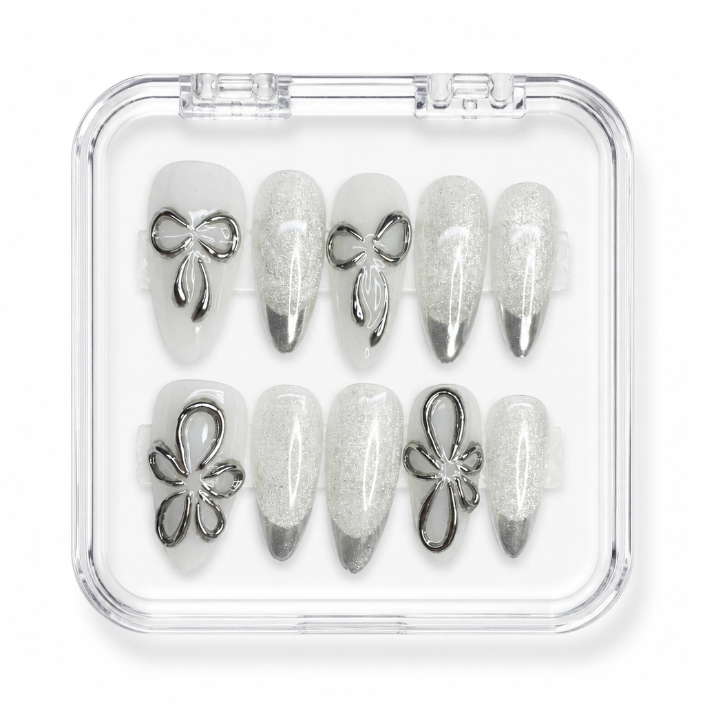 Press-on Nails Wholesale $11.90 Silver Bow Glam by Yabe Vietnam