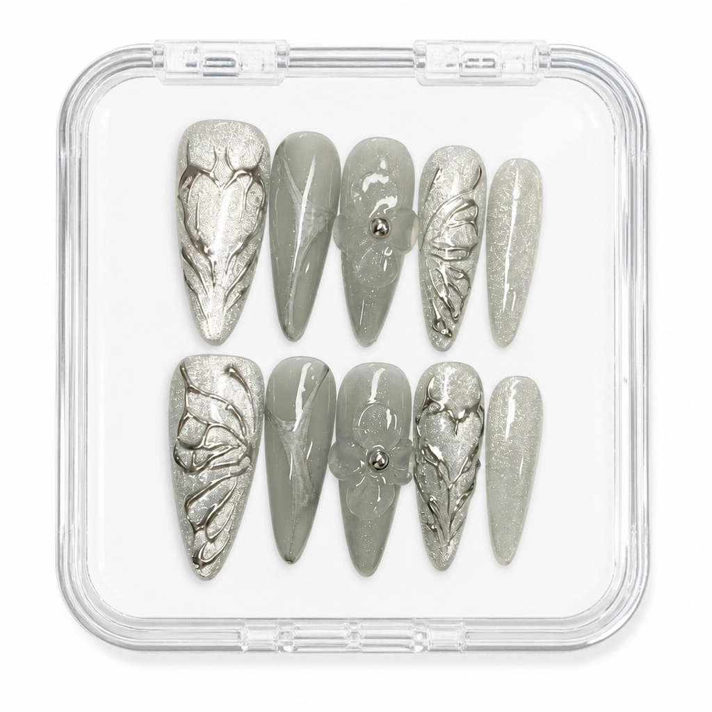 Press-on Nails Wholesale $11.90 Silver Butterfly Bliss by Yabe Vietnam