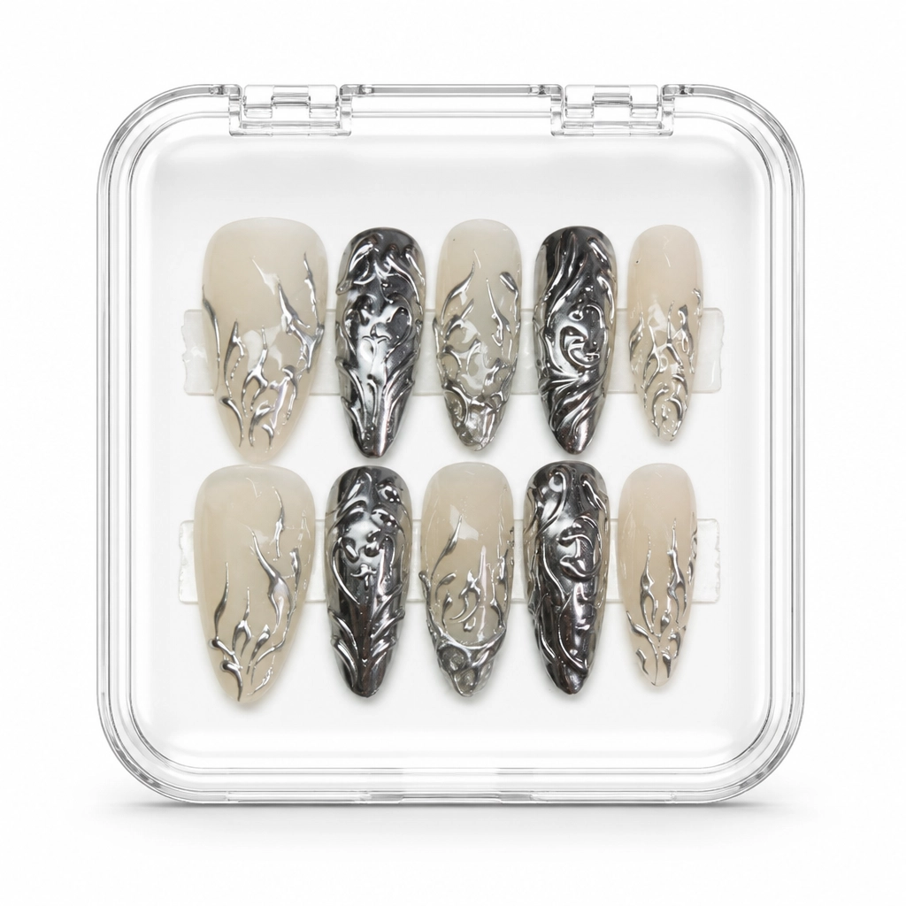 Press-on Nails Wholesale $11.90 Liquid Silver Cyber by Yabe Vietnam