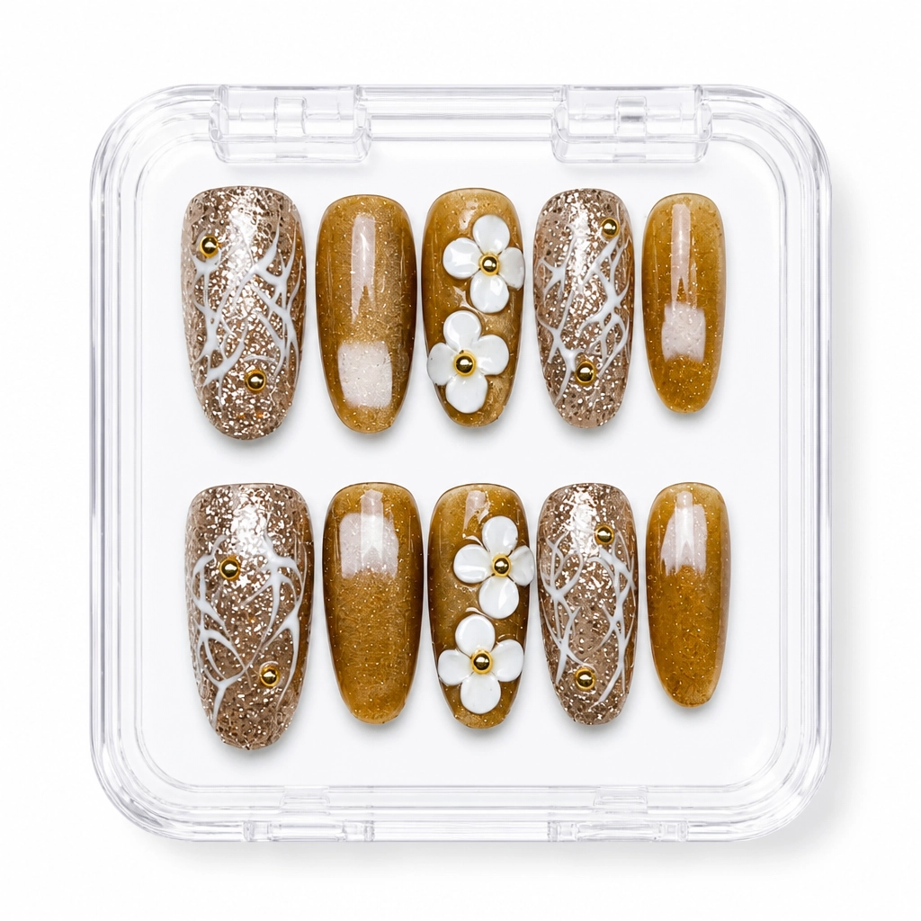Press-on Nails Wholesale $11.90 Golden Blossom Glitz by Yabe Vietnam