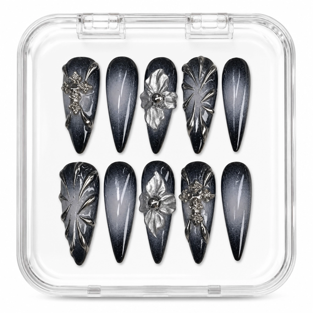 Press-on Nails Wholesale $11.90 Silver Chrome Elegance by Yabe Vietnam