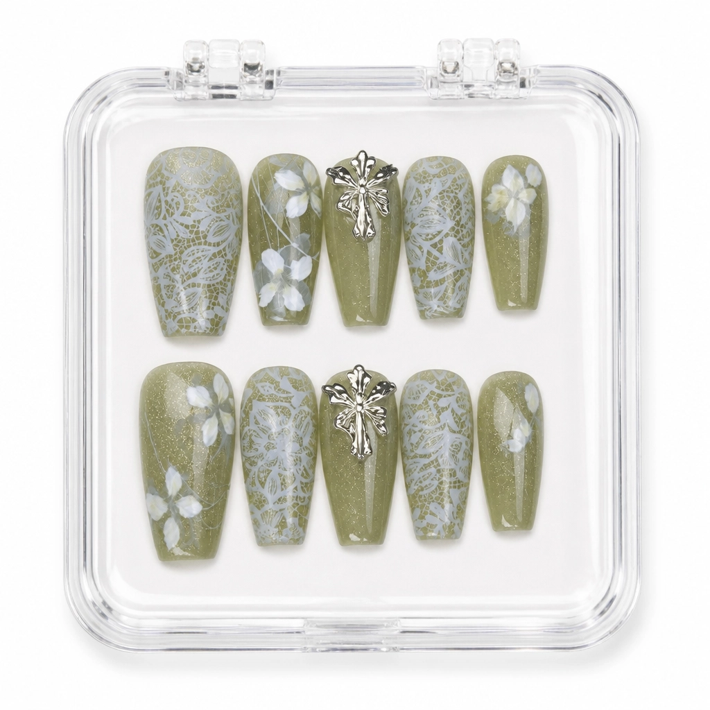 Press-on Nails Wholesale $11.90 Sage Lace Whisper by Yabe Vietnam
