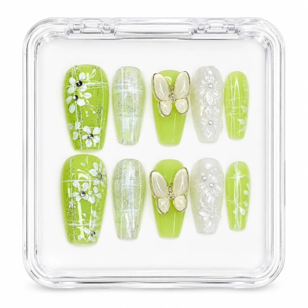 Press-on Nails Wholesale $11.90 Lime Blossom Flutter by Yabe Vietnam