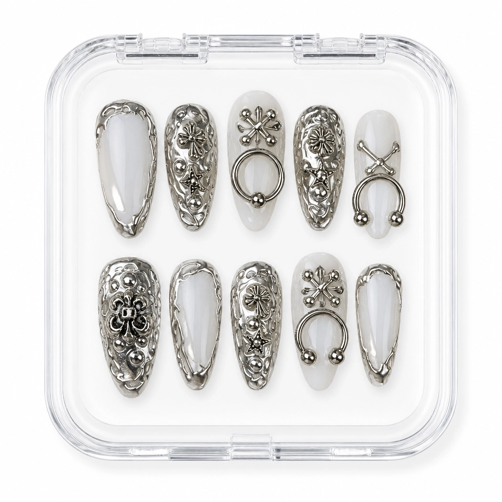 Press-on Nails Wholesale $11.90 Silver Pierced Glam by Yabe Vietnam