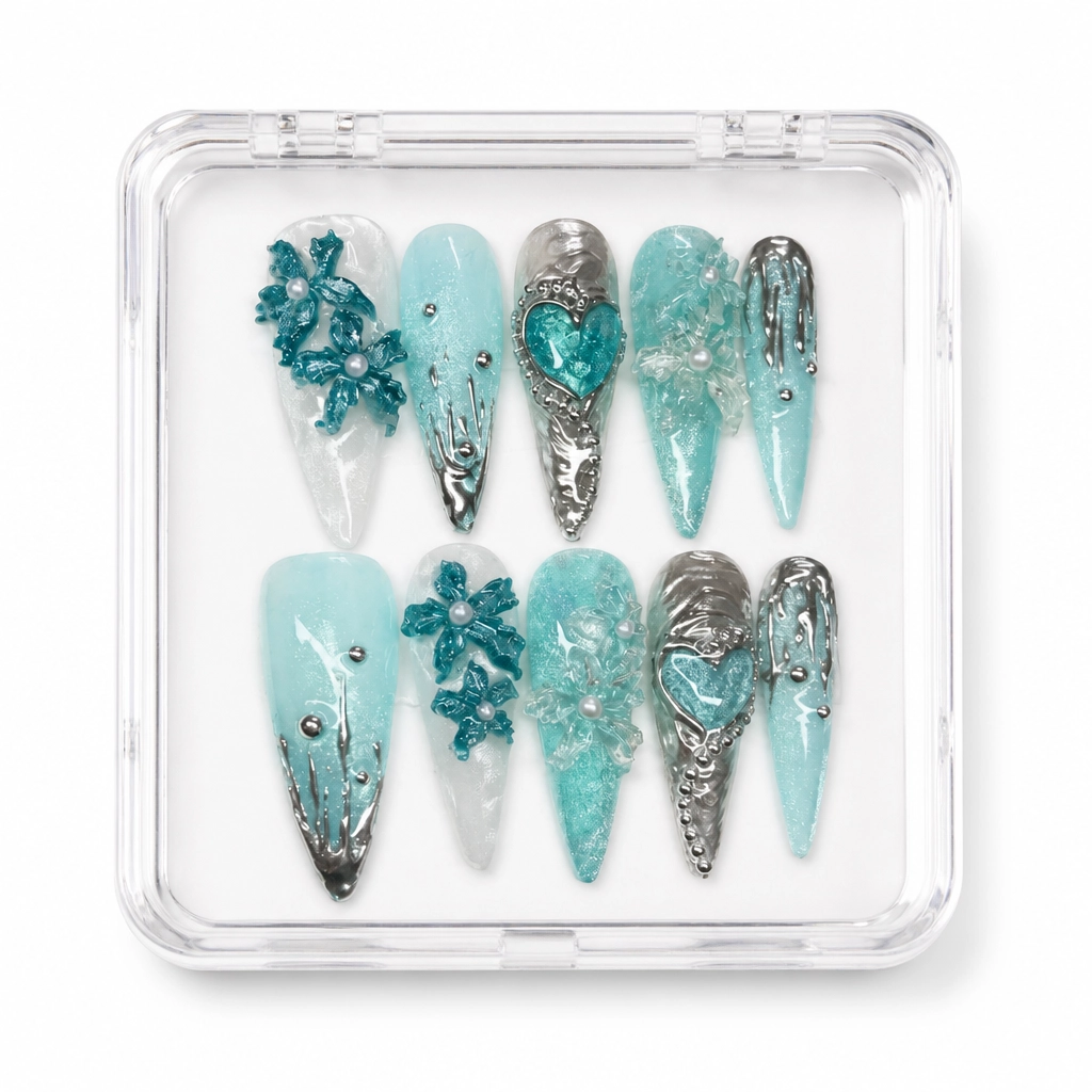Press-on Nails Wholesale $11.90 Teal Chrome Enchantment by Yabe Vietnam