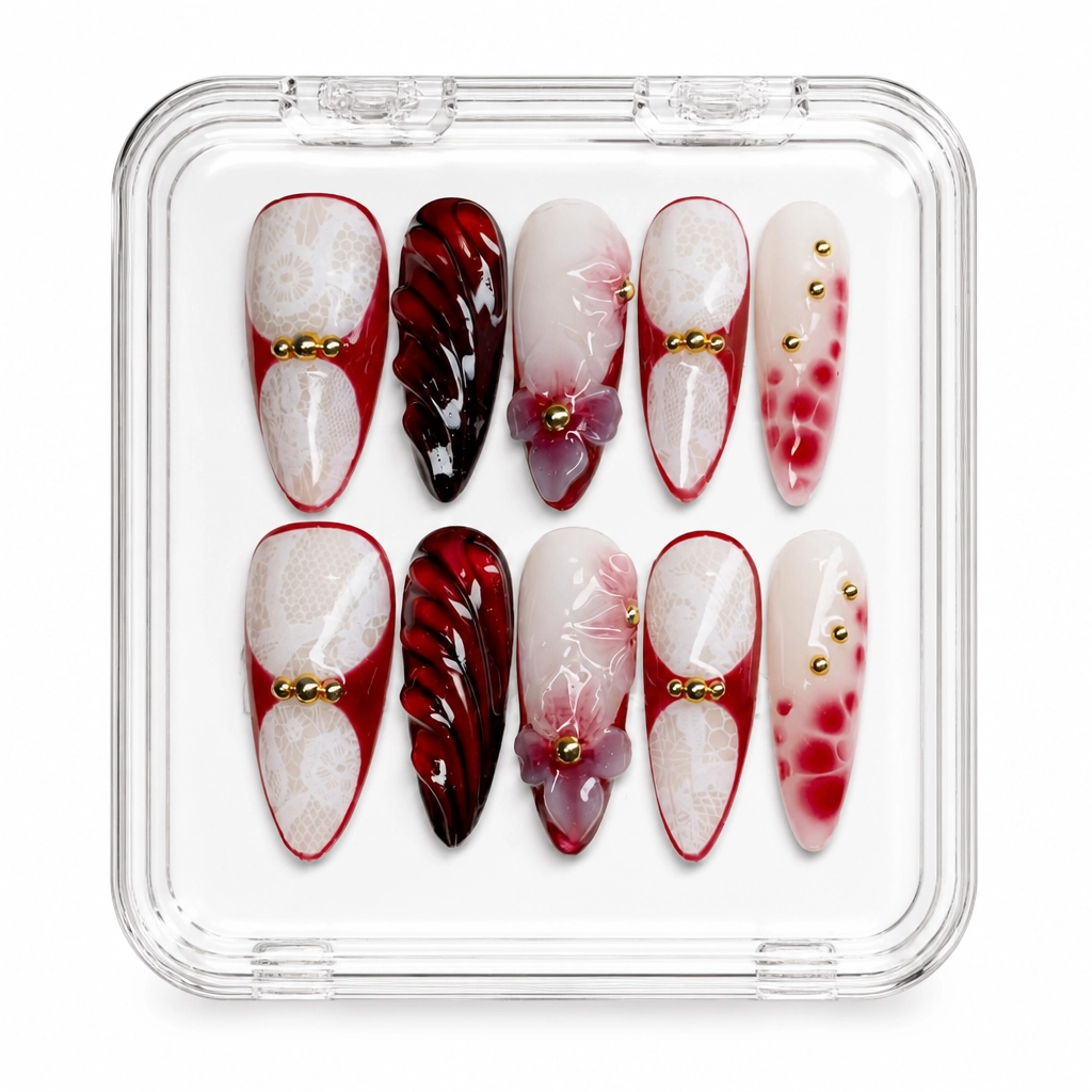 Press-on Nails Wholesale $11.90 Crimson Lace Blossom by Yabe Vietnam