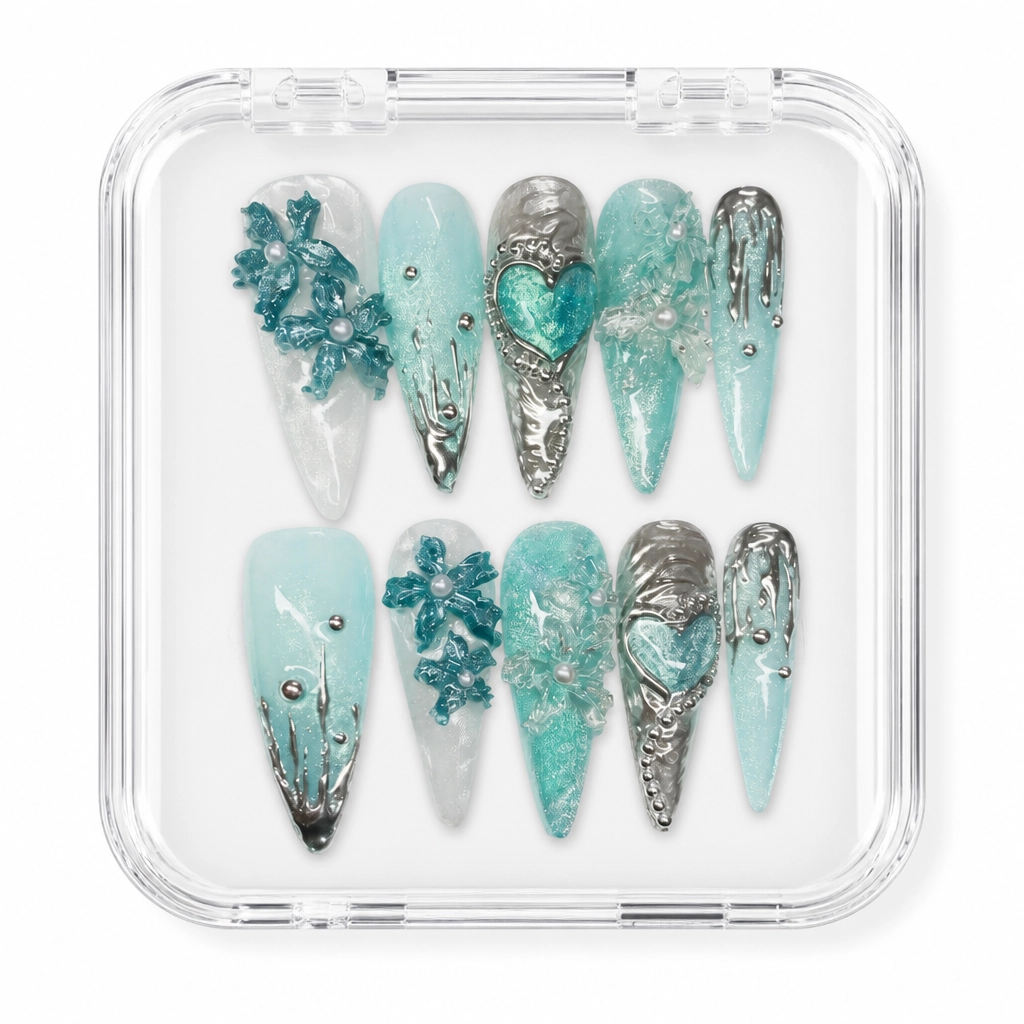 Press-on Nails Wholesale $11.90 Frosty Aqua Majesty by Yabe Vietnam