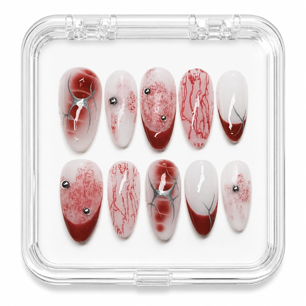 Press-on Nails Wholesale $11.90 Crimson Vein Elegance by Yabe Vietnam