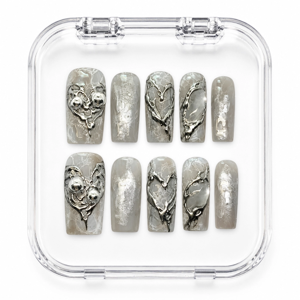 Press-on Nails Wholesale $11.90 Silver Heart Chrome by Yabe Vietnam