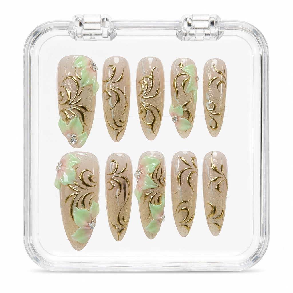 Press-on Nails Wholesale $11.90 Gilded Mint Blossom by Yabe Vietnam