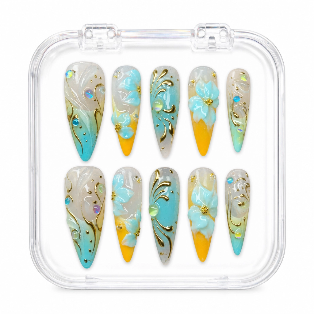 Press-on Nails Wholesale $11.90 Azure Sunlit Blooms by Yabe Vietnam