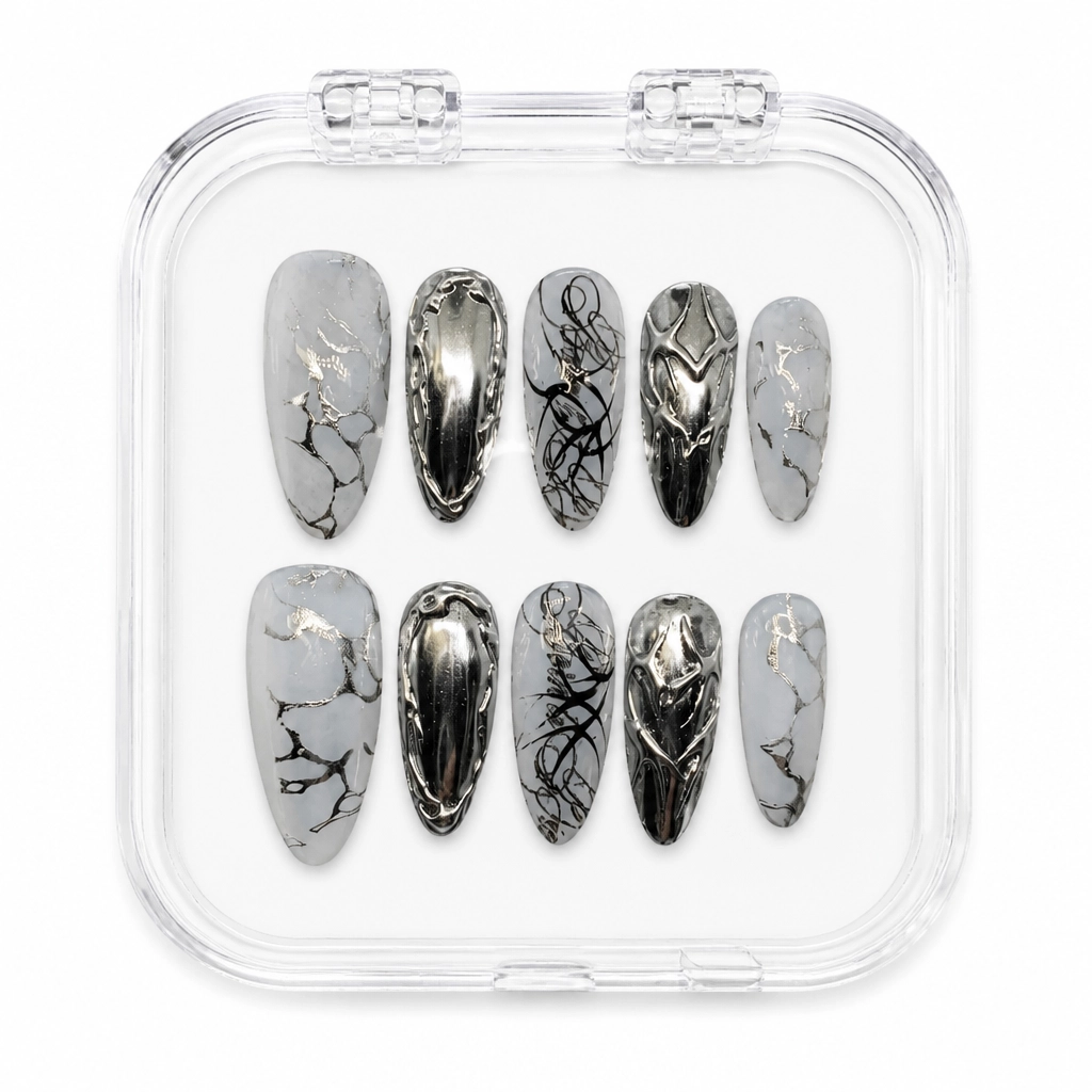 Press-on Nails Wholesale $11.90 Liquid Silver Marble by Yabe Vietnam