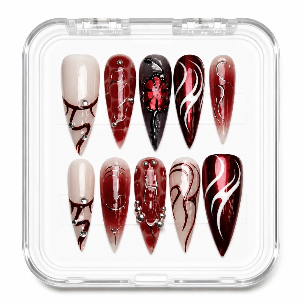 Press-on Nails Wholesale $14.90 Satin Crimson Elegance by Yabe Vietnam