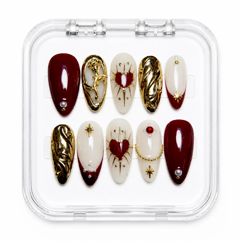 Press-on Nails Wholesale $14.90 Crimson Gold Elegance by Yabe Vietnam