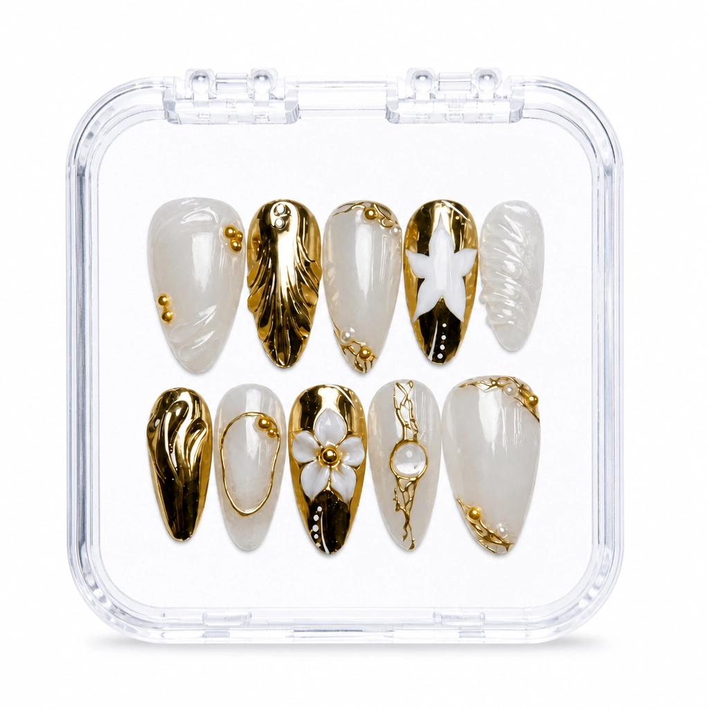 Press-on Nails Wholesale $14.90 White Gold Elegance by Yabe Vietnam