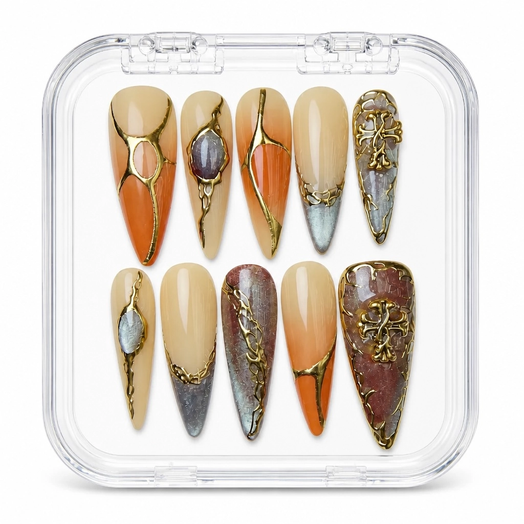 Press-on Nails Wholesale $14.90 Amber Foil Elegance by Yabe Vietnam
