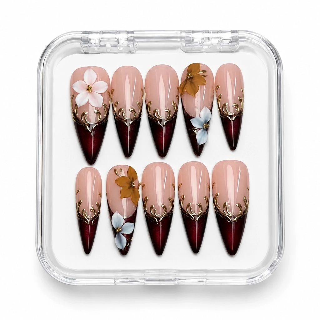Press-on Nails Wholesale $14.90 Burgundy Blossom by Yabe Vietnam