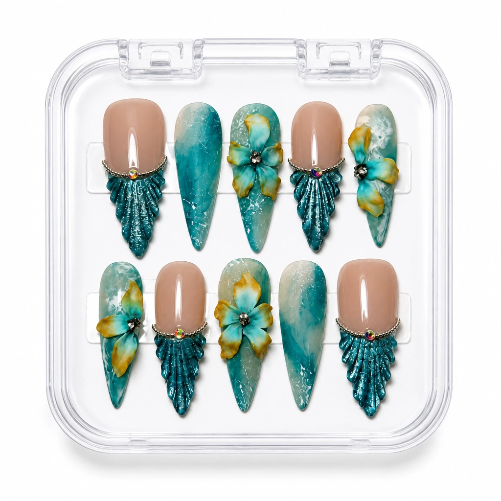 Press-on Nails Wholesale $14.90 Teal Blossom Elegance by Yabe Vietnam