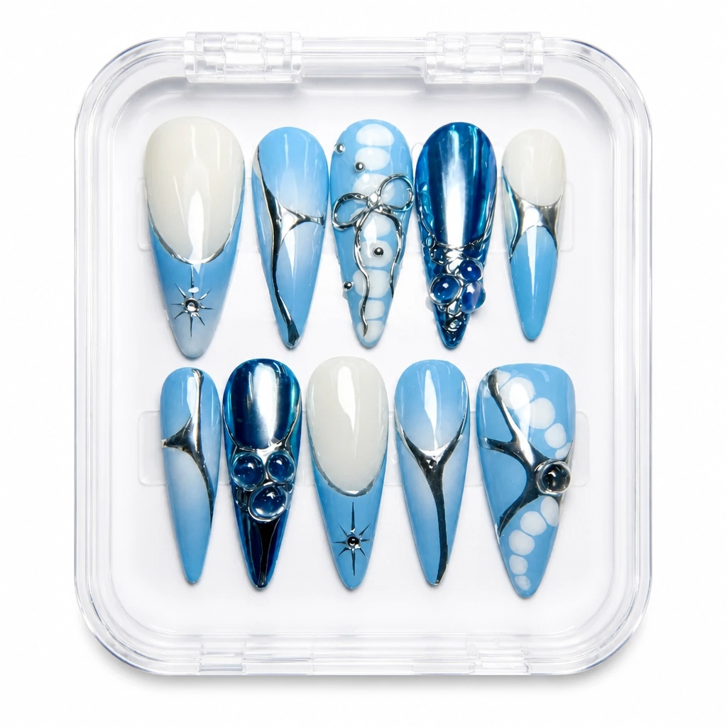 Press-on Nails Wholesale $14.90 Satin Azure Elegance by Yabe Vietnam