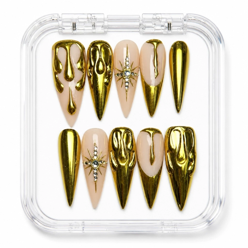 Press-on Nails Wholesale $14.90 Golden Noir Elegance by Yabe Vietnam