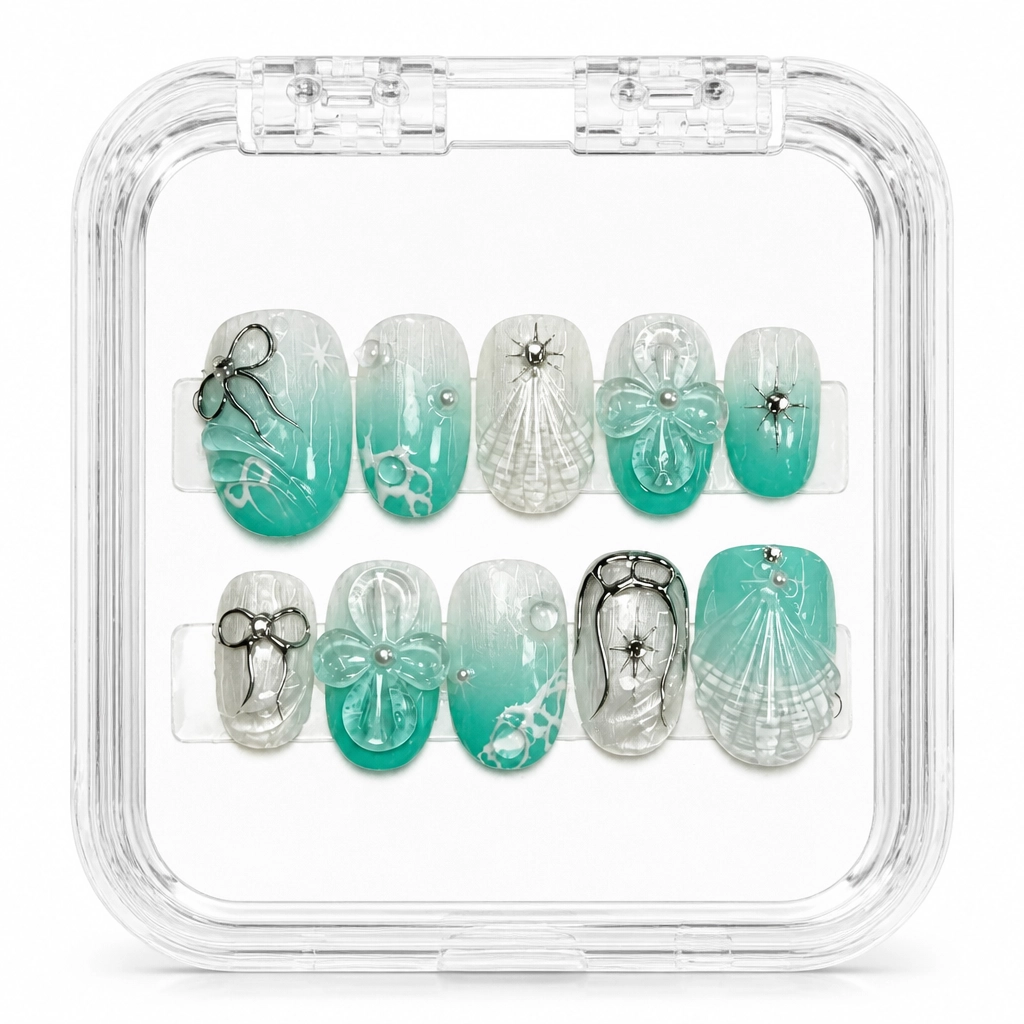 Press-on Nails Wholesale $14.90 Emerald Seashell by Yabe Vietnam