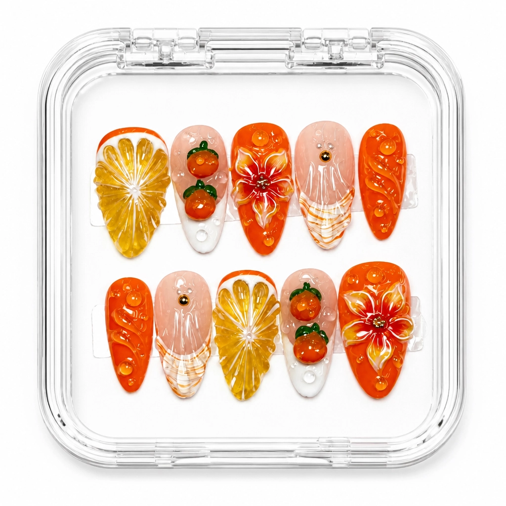 Press-on Nails Wholesale $14.90 Velvet Citrus Bloom by Yabe Vietnam