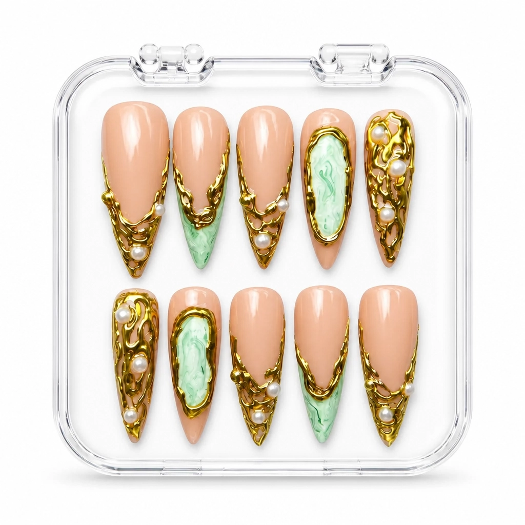 Press-on Nails Wholesale $14.90 Jade Gold Elegance by Yabe Vietnam