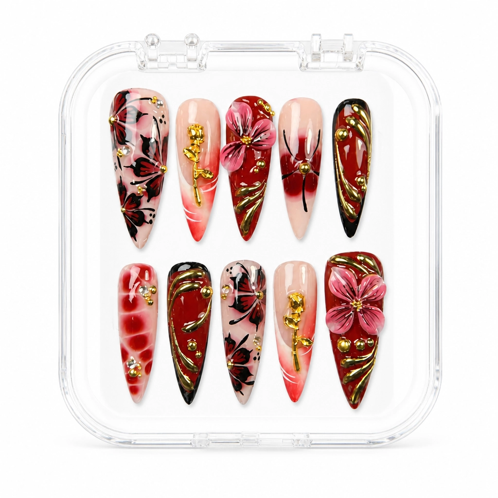 Press-on Nails Wholesale $14.90 Ruby Noir Bloom by Yabe Vietnam